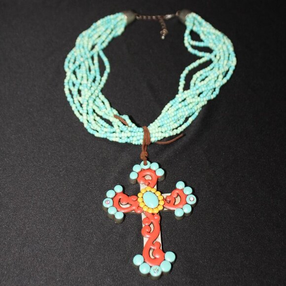 Beautiful Turquoise & Orange Large Cross on Leather Tied to Multi Bead Necklace - Picture 5 of 11